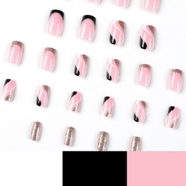 French Tip Press on Nails Pink Acrylic Glossy Fake Nails Medium Length Square Full Cover Glue on Nails Stick on Nails Gold Foil Stripe False Nails with Designs for Women Girls Nail Decorations 24Pcs