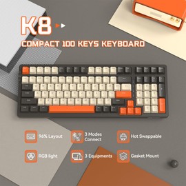 ATTACK SHARK K8 Wireless Mechanical Keyboard, 100 Keys, Hot Swappable Blue Switches, Gasket RGB, Trip-Mode BT5.0/2.4G/Wired Gaming Keyboard for PC/Mac/Windows