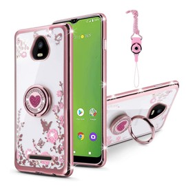 TSAYGFK for SCHOK Volt SV55 SV55216 Case for Women Glitter Crystal Soft Bling Cute Butterfly Heart Floral Clear Protective Cover with Kickstand+Strap for SCHOK Volt SV55 SV55216 (Rose Gold)