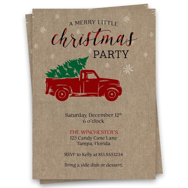 Christmas Party Invitations A Merry Little Christmas Holiday Party Invites Red Truck Green Tree Brown Burlap Tan Snowflakes Holidays Xmas Event Snow Pack of Cards Customized Printed Cards (12 count)