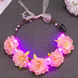Zoestar Light Up Flower Crown Headband LED Hair Wreath Headbands Bridal Floral Headpiece Festival Garland Headdress for Women and Girls (Pink, One Size)