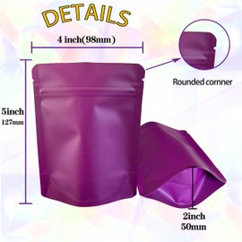 YINGZON 100 Pack Premium Smell Proof Mylar Bags, Resealable Food Storage Bag with Double-sided Matte Printing, 5" x 4" Aluminum Foil Stand-up Packaging Bags. (Purple)