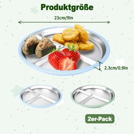 Pack of 2 Stainless Steel Plates with Suction Cup, 23 x 23 cm Baby Plate with Suction Cup, Stainless Steel Baby Plate, Children's Plate, Stainless Steel Plate, Drop-Proof, Reusable, Durable for