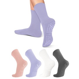 ZANZER Pilates Yoga Socks with Grips for Women,Non-Slip Yoga Crew Socks for Sport,Hospital,Ballet,Barre,Dance,Barefoot,Workout Anti-Skid Athletic Socks (Standard, Pink + Purple + White + Light Grey)