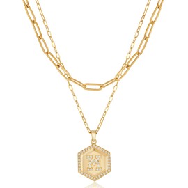 WARMDAY Layered Initial Necklaces for Women 14K Gold-Plated Hexagon Pendant Trendy Retro Choker Capital Letter Name Necklace Jewelry Birthday Gifts for Women