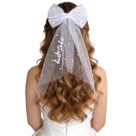 JTYKUYR Bride to Be Embroidered Hair Bow Veil with Pearls for Bachelorette Party, White Hair Clip Bow Veil Engagement Accessory Bride Gift for Women