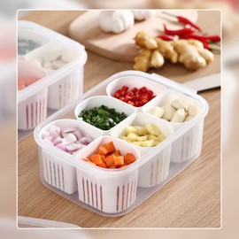 Vegetable Organizer Box with 6 Pcs Drain Basket, Reusable Food Storage Box Vegetable Spice Case, Plastic Food Containers for Chopped Green Onion Ginger Garlic Vegetables