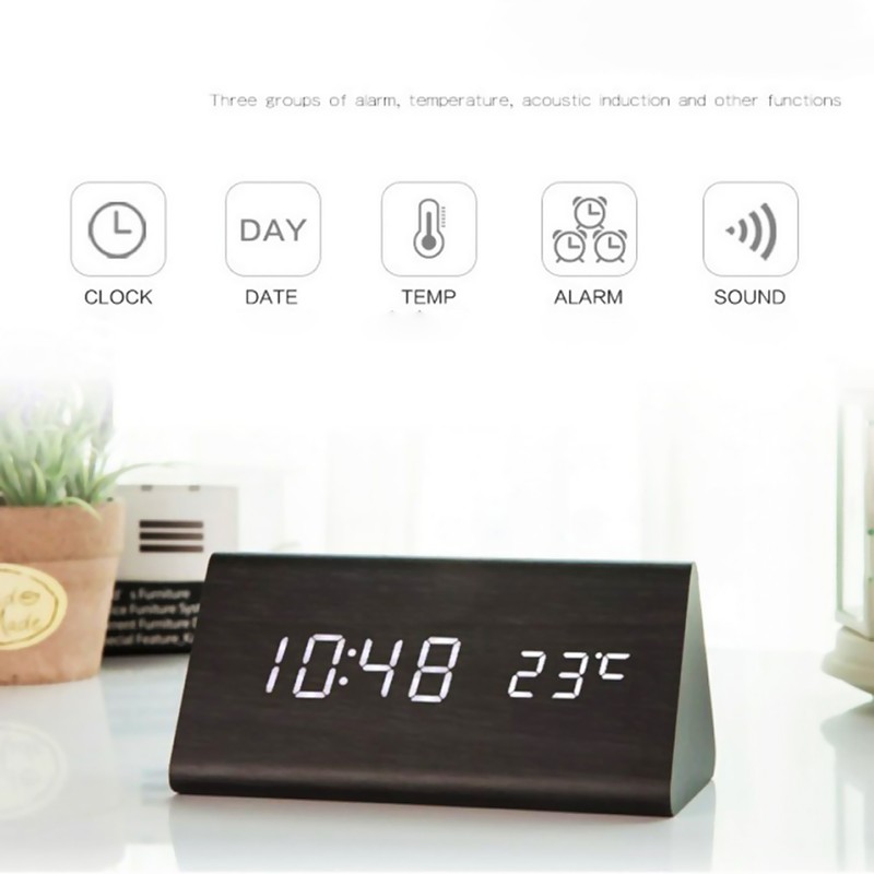 Digital Clock Wooden Electronic LED Time Display Temperature and Humidity