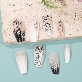 CJDLTS Press on Nails Medium Length Ballet Shaped Black Branches Pattern Design Glossy Medium Acrylic False Nail Full Cover Artificial Press Ons Stick on Nail French Glue on Nails for Women 24Pcs