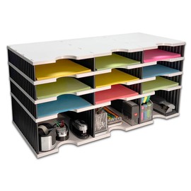 Ultimate Office Desktop Organizer 9 Letter Tray Sorter PLUS Riser Storage Base for Easy Access to Lower Slots, Desk Accessories & Supplies. Optional File Topper & Drawers