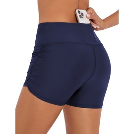 Lecieldusoir - Pantalones cortos de natación de 3 pulgadas para mujer, cintura alta, pantalones cortos fruncidos laterales, Azul marino, M
