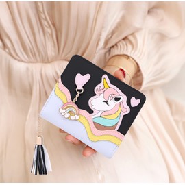 UTO Wallet for Girls Cute Unicorn Leather Vegan Small Women Tassel Rainbow Pendant Card Holder Kawaii Coin Purse