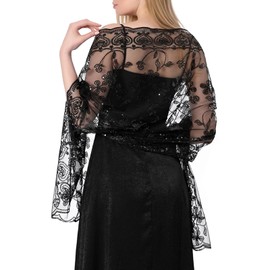 QIUTIMIY 1920s Shawls and Wraps for Evening Dresses Formal Cover Up Long Women Sequin Flapper Shawl for Cocktail Prom Wedding(Style3-Black Black)