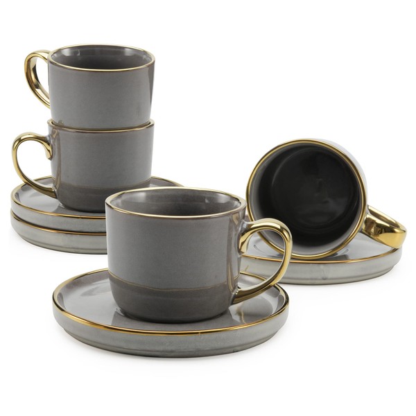 American Atelier Gold Rimmed Teacup and Saucer, Set of 4 | 7.6 Oz Ceramic Cappuccino Coffee Cups with Reactive Glaze | Espresso Coffee Cups, Latte Macchiato for Cafe & Home (Gray)