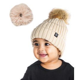 Funky Junque Baby Ribbed Knit Detachable Pom Beanie - Beige