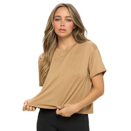 KNIT RIOT Women’s Crop Top – Short Sleeve Soft Boxy Crewneck Casual Active Workout Yoga Running Cropped Tee T Shirts KR271 Camel S