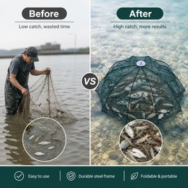 Collapsible Fishing Trap for Shrimp and Bait Fish – Foldable Nylon Cage with 4–24 Entry Options for Lakes, Rivers, Ponds & Outdoor Bait Collection