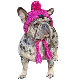 Knitted Dog Hat with Ear Holes & Adjustable Chin Strap - Warm & Snug Fit Dog Beanie for French Bulldog - Light & Soft yarn Dog Hats - Stylish Dog Accessories & Clothes - Beanies for Dogs(Pink, Medium)
