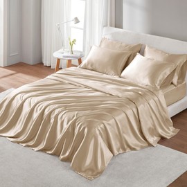 Madison Park Essentials Satin Sheets King Size, Luxurious Silky Satin Bed Sheets, Elastic 14" Pocket fits up to 16" Mattress, Wrinkle-Free, Soft Satin Bed Sheet Set, Champagne 6 Piece