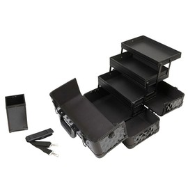 Professional Makeup Artist Beauty Aluminum Makeup Train Case w/Brush Holder and Optional Removable Shoulder Strap (Black Diamond)