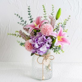 Faux Flowers with Vase, Artificial Silk Flowers in Vase, Fake Pink Lily,Purple Hydrangea and Dandelion flower, Arrangement for Home Spring Decor Dining Table Centerpiece Decorations Coffee Table Decor