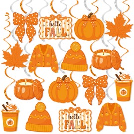 Fall Hanging Swirls Decorations, Bow Pumpkin Hello Fall Party Decorations, Maple Leaf Thanksgiving Pumpkin Party Ceiling Hanging Decor for Autumn Home Office Room Decor, Thanksgiving Party Supplies