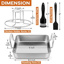 Roasting Pan with Beer Can Chicken Holder, Joyfair 9 inch Stainless Steel Square Roaster Baking Pans with Grill Racks & Riveted Handles for Oven Cooking BBQ Smoking, Heavy Duty & Dishwasher Safe (6)
