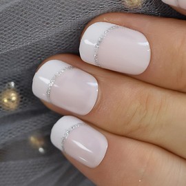 CANERO French Short Press on Nails, Light Pink Silver Line Deco False Nail, UV Gel Full Cover Artificial Fake Nails, Reusable Stick Glue on Nails with Design for Women & Girls