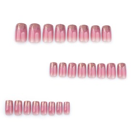 French Tip Press on Nails Glossy Pink Fake Nails Medium Square Gold Glitter Gradient French Acrylic False Nail Tips Cute Glue on Nails Winter Artificial Nails Full Cover Stick on Nails for Women