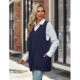 Niwicee Womens Sweater Vest Loose Knitted Sleeveless Jumpers Tank Top Knitwear V-Neck Vintage Knit Pullover Waistcoat with 2 Pockets(Navy,L)