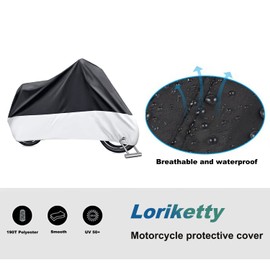 Loriketty Waterproof Protective Motorcycle Cover, Motorcycle Protective Surface, Anti Dust, Rain, Dirt, Black Silver, L