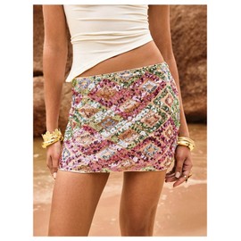 MakeMeChic Women's Sequin Sparkly Skirt Mini Micro Glitter Y2k Low Rise Summer Skirt Multicolor Large