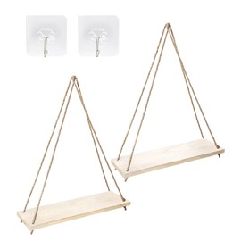 Chihutown Wood Hanging Shelves for Wall, Set of 2 Boho Shelf, Wall Hanging Shelf, Window Plant shelves, Floating Wall Shelves for Living Room Bedroom Bathroom Kitchen (Natural)