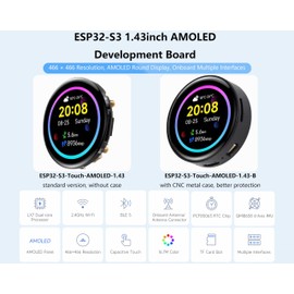 ESP32-S3 1.43inch AMOLED Display Development Board, 466×466 Resolution 16.7M Color QSPI Interface, ESP32 with Capacitive Touch AMOLED Round LCD, Support 2.4 GHz W-F-i and Blue-Too-th 5