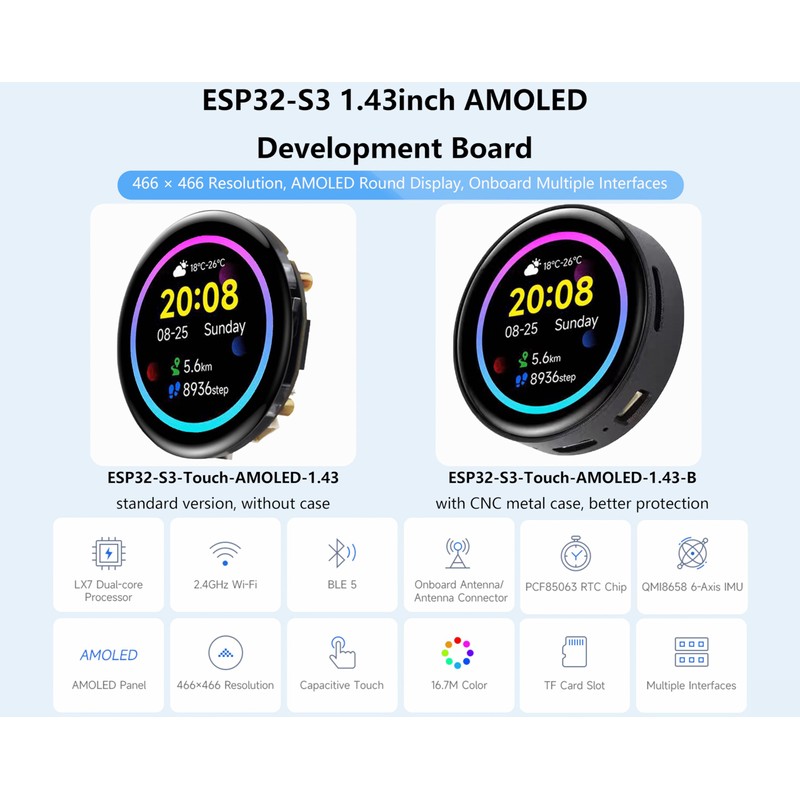 ESP32-S3 1.43inch AMOLED Display Development Board, 466×466 Resolution 16.7M Color