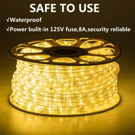 GuoTonG LED Rope Lights Outdoor Waterproof, 131.2ft Rope Lighting Warm White Light Strip, 110V LED Strip Lights Indoor, Connectable String Tape Light For Bedroom, Backyards, Patio, Decorative Lighting