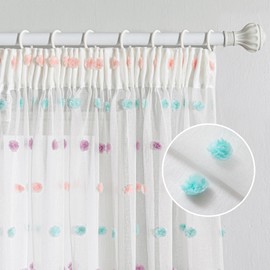 MYSKY HOME Curtains with Ruffle Tape, Voile Rainbow Curtains, Children's Room, Modern Curtain, Embroidery, Semi-Transparent Room Divider, Sliding Curtain, Living Room, Set of 2, Colourful, H 245 x W