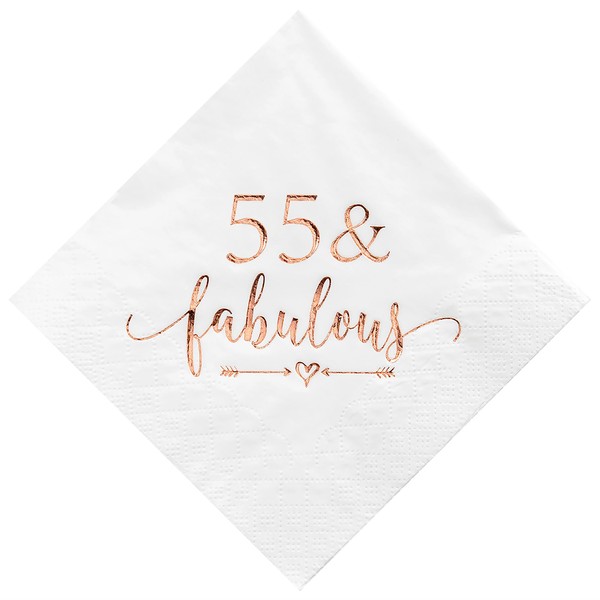 Crisky - Servilletas de cumpleaños 55, color oro rosa para mujeres, decoraciones de 55 cumpleaños, suministros de mesa de postre para bebidas de 55 cumpleaños, 50 unidades, 3 capas