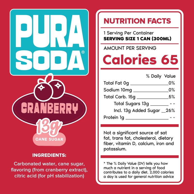 PuraSoda® Cranberry | Low-Calorie, Cane Sugar Soda Beverage | Non-GMO,