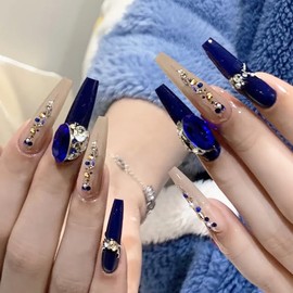 BABALAL Blue Press on Nails Long Coffin Fake Nails Luxury Acrylic Nails with Charm Shiny False Nails Design Ballerina Full Cover Artificial Nails for Women 24Pcs Glossy Stick on Nails Supplies Nail