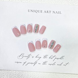 24 Pcs French Tip Press on Nails Medium Square Pink Fake Nails Full Cover with Glossy False Nails Artificial Acrylic Nails with Rhinestone Designs for Women and Girls