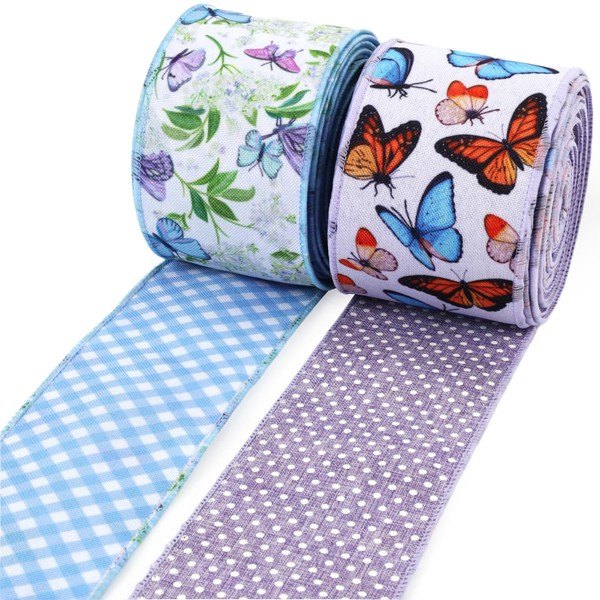 LaRibbons Double Faced Butterfly Wired Ribbon 2 Rolls 2.5 Inch
