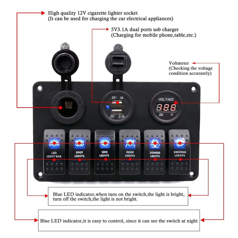 Riloer 6 Gang Rocker Switch Panel Switch Panel Waterproof Light