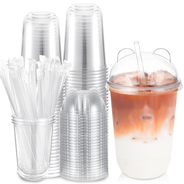 Ziliny 16oz 50 Set Plastic Cups with Lids and Straws,