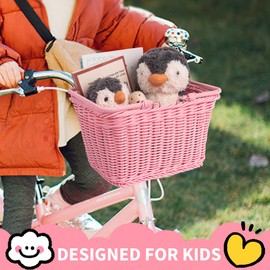 GRANNY SAYS Kid Bike Basket, Wicker Bike Baskets, Small Baskets for Kids Bike, 9¾" x 7" x 6", Pink