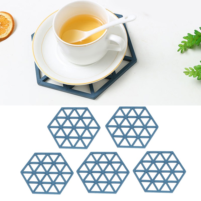 5pcs Table Mats Geometric Hex Shape Hollow Silicone Blue Insulation