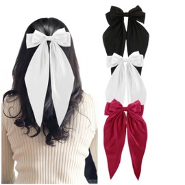 Hair Bows for Women, Big Bow Hair Clips for Girls, Silky Satin Hair Bows Clips Oversized Long Tail, Large Hair Barrettes for Women,Big Hair Bow,Metal Clips Hair Bow for Women (Black & White & Red)