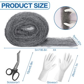 Cynrikah Steel Wool Mice Control, 16.4ft*4rolls Thick Steel-Wool 0000 Garage Door Rodent Guard Wool Rodent Control Fill Fabric for Wall Cracks Holes Vents in Garden/Garage/House