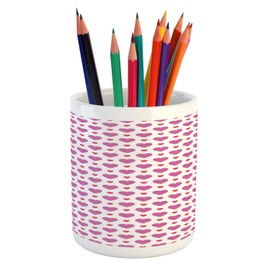 Ambesonne Valentine's Day Pencil Pen Holder, Simple Love Themed Pattern with Big and Little Hearts, Printed Ceramic Pencil Pen Holder for Desk Office Accessory, Fuchsia and Dark Pink