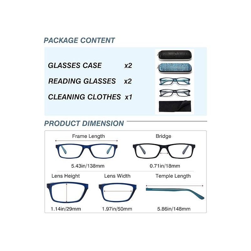 Reading Glasses for Men/Women with Spring hinges, Rectangulart Computer Readers